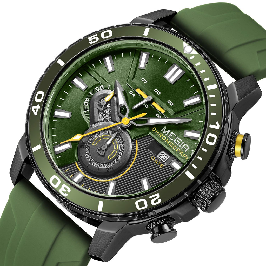 MEGIR 2224 men's chronograph watch, black case with green dial, green bezel and green silicone strap, studio view