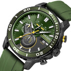 MEGIR 2224 men's chronograph watch, black case with green dial, green bezel and green silicone strap, studio view
