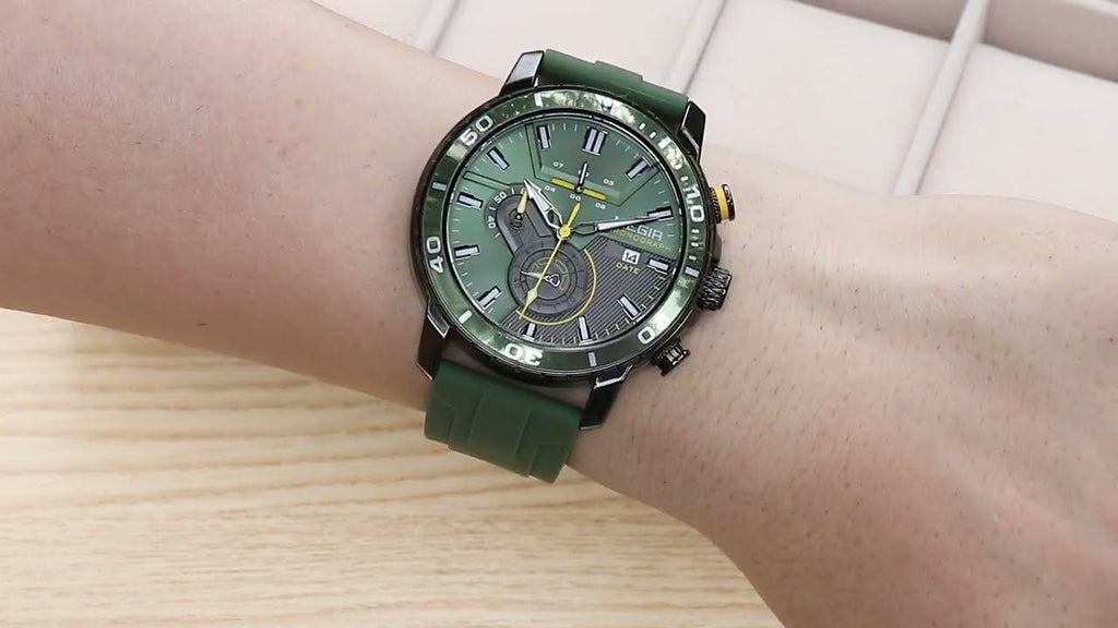 MEGIR 2224 men's chronograph watch on the wrist, black case with green dial and green silicone strap, side angle