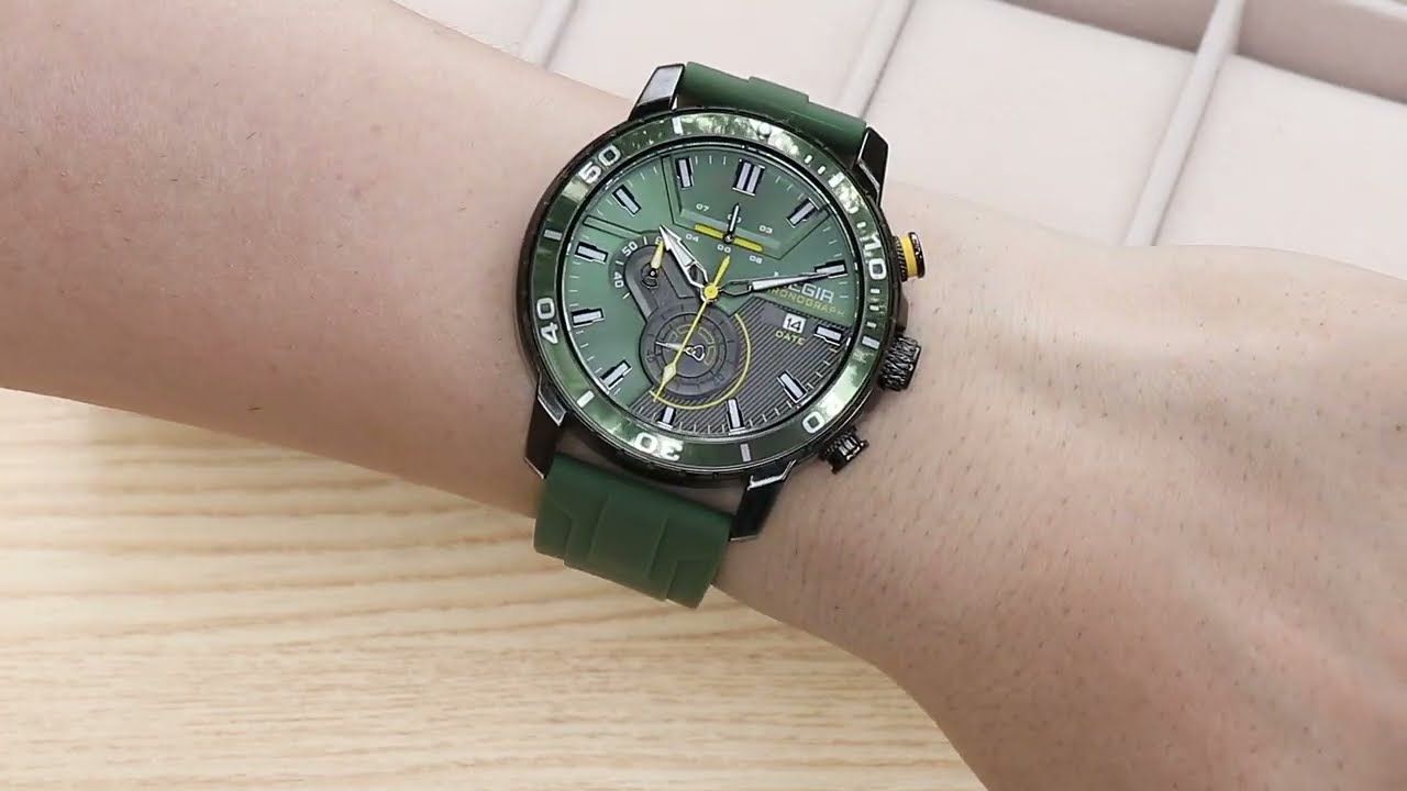 MEGIR 2224 men's chronograph watch on the wrist, black case with green dial and green silicone strap, side angle