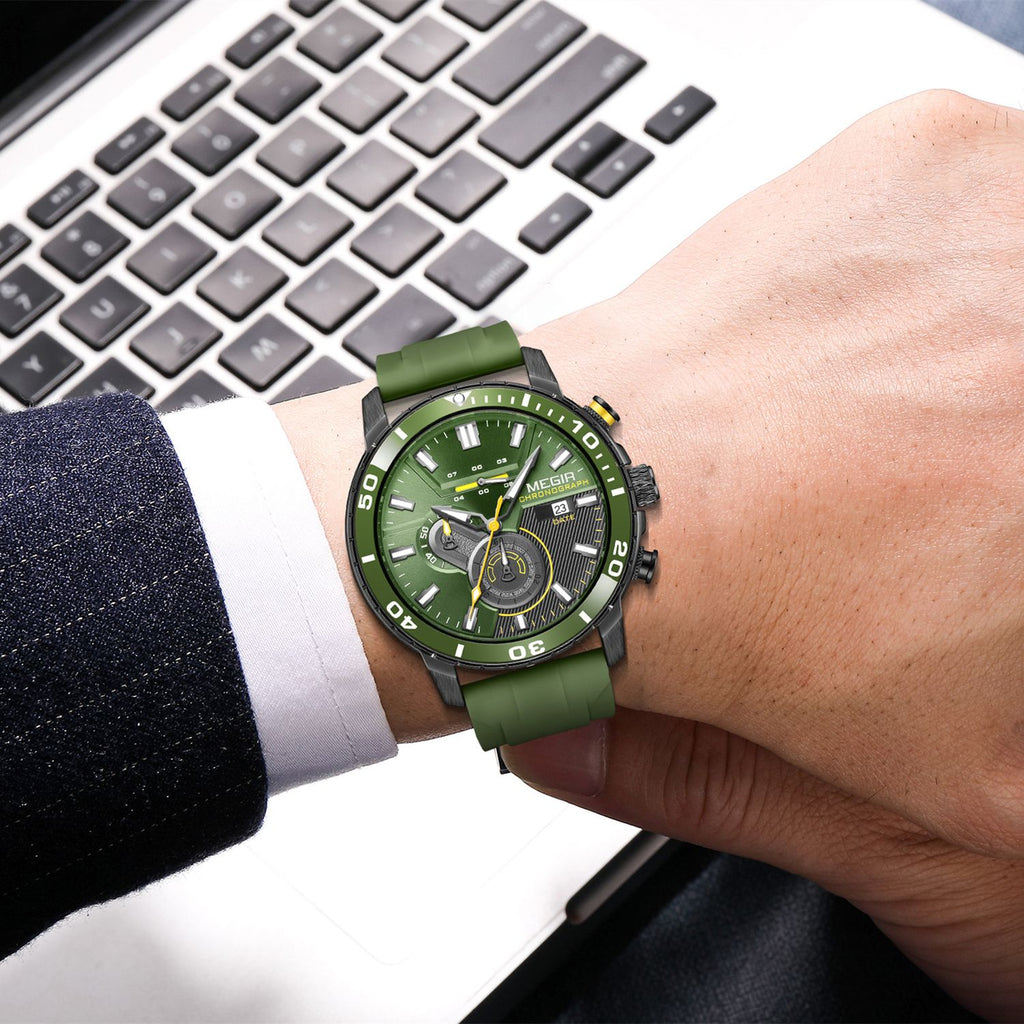 MEGIR 2224 men's chronograph watch on the wrist, black case with green dial and green silicone strap