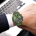 MEGIR 2224 men's chronograph watch on the wrist, black case with green dial and green silicone strap
