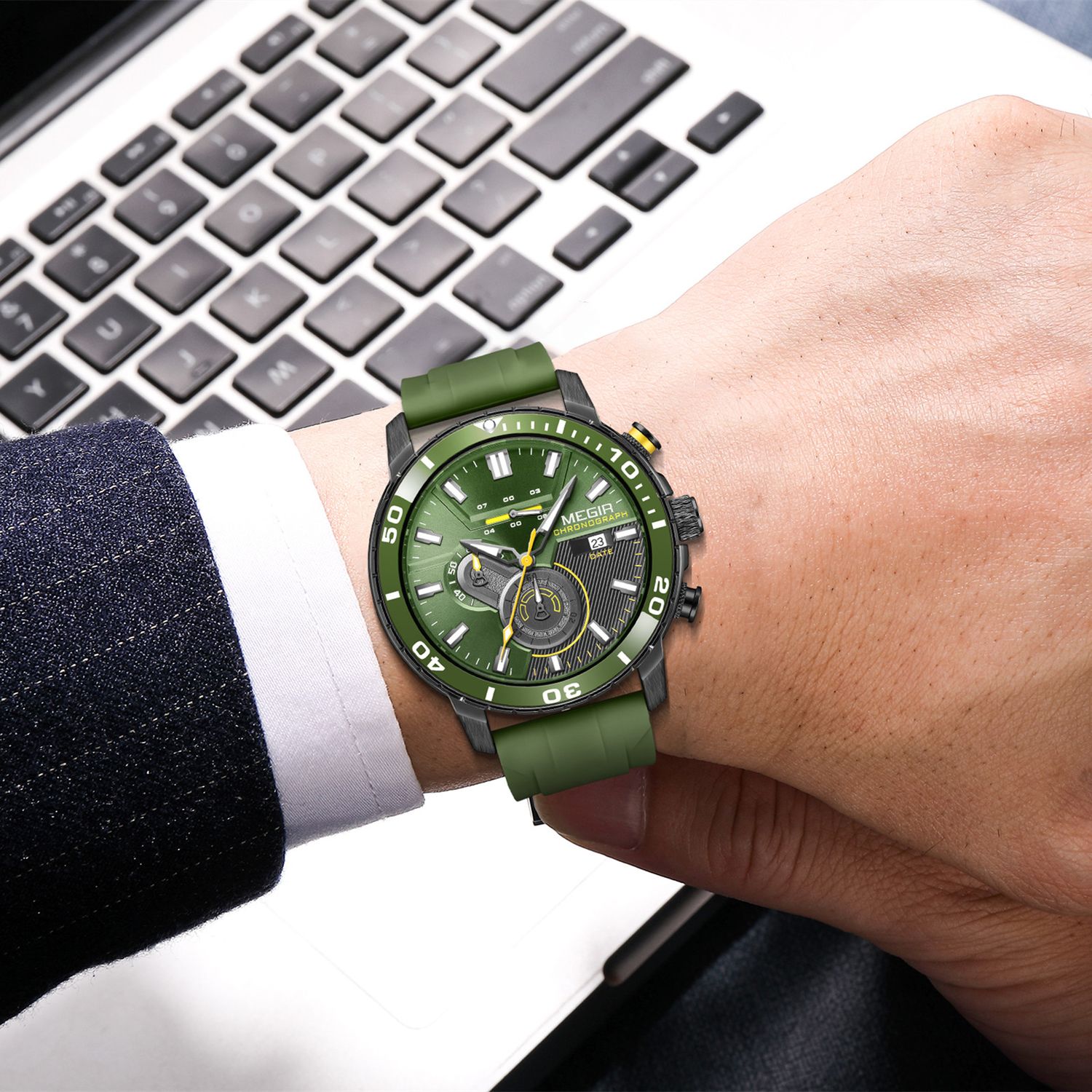 MEGIR 2224 men's chronograph watch on the wrist, black case with green dial and green silicone strap