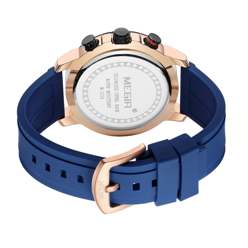 MEGIR 2224 men's chronograph watch caseback with engravings, blue silicone strap and rose-gold buckle