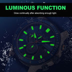 MEGIR 2224 men's chronograph watch feature graphic showing luminous hands and markers glowing in the dark