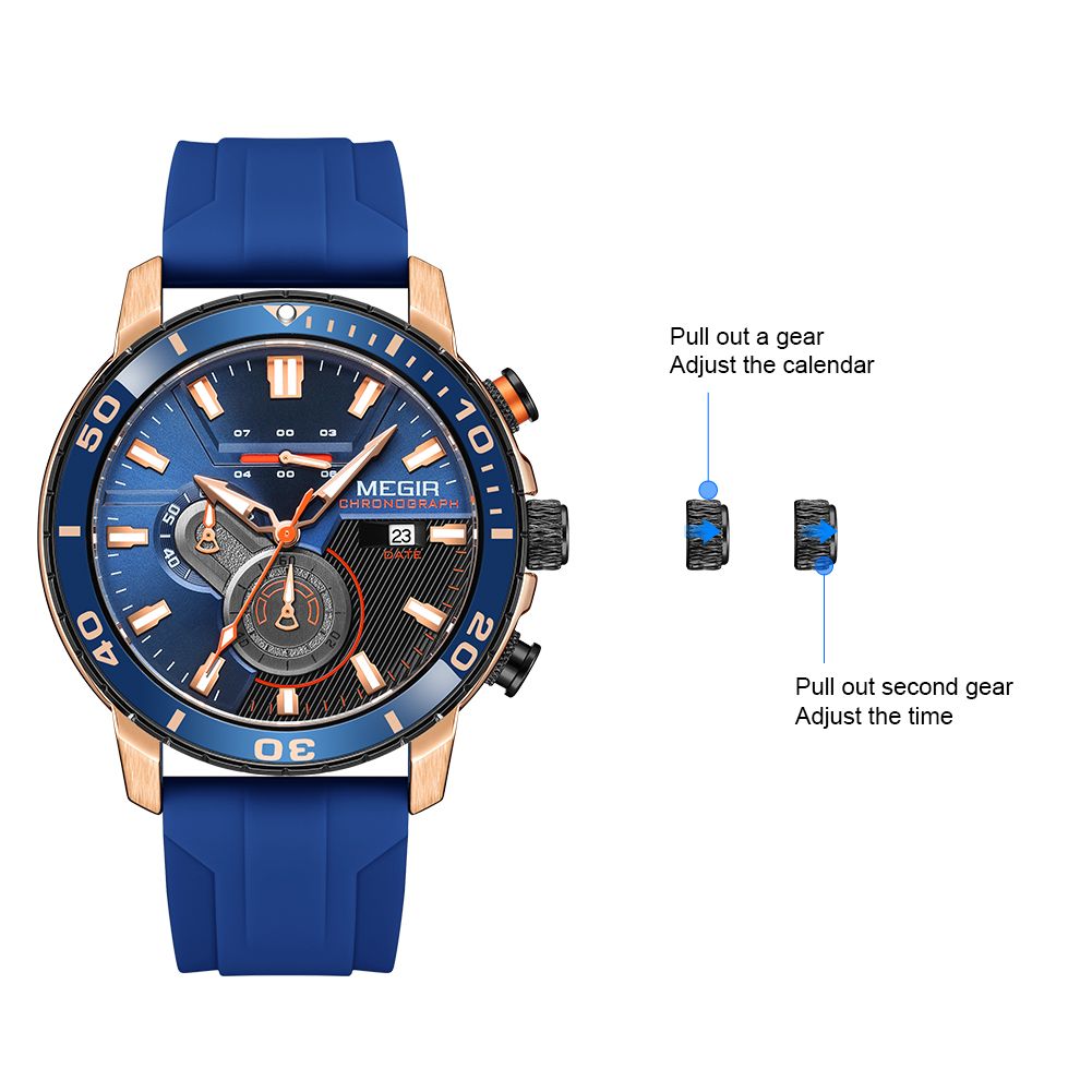 MEGIR 2224 men's chronograph watch operation graphic showing the crown positions for calendar and time