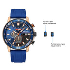 MEGIR 2224 men's chronograph watch operation graphic showing the crown positions for calendar and time