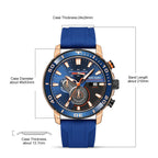 MEGIR 2224 men's chronograph watch parameters graphic with case diameter, thickness and band dimensions