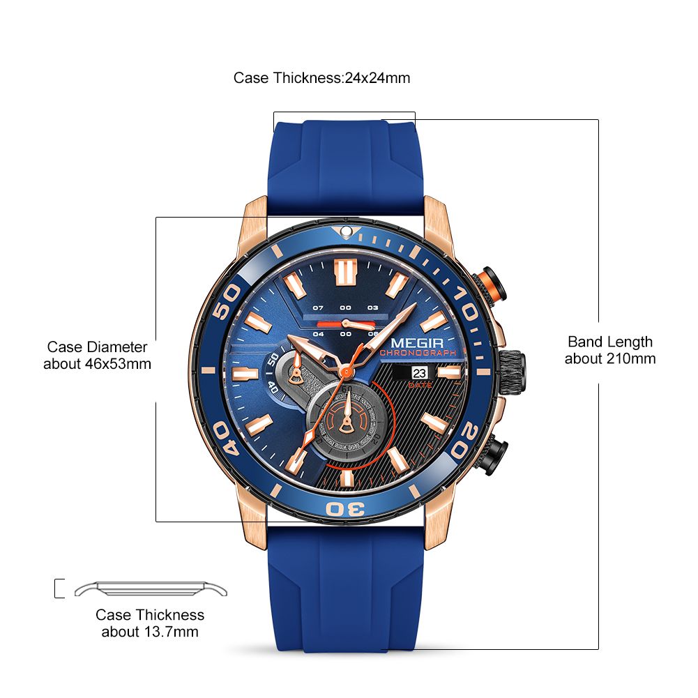 MEGIR 2224 men's chronograph watch parameters graphic with case diameter, thickness and band dimensions