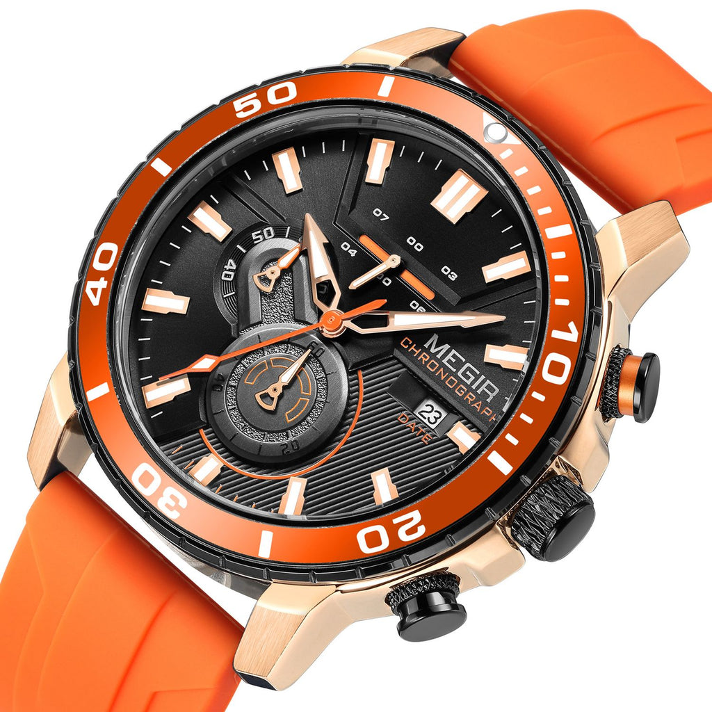 MEGIR 2224 men's chronograph watch, rose-gold case with black dial, orange bezel and orange silicone strap, studio view