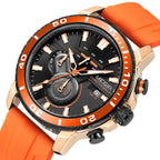MEGIR 2224 men's chronograph watch, rose-gold case with black dial, orange bezel and orange silicone strap, studio view