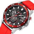 MEGIR 2224 men's chronograph watch, silver case with black dial, red bezel and red silicone strap, studio view