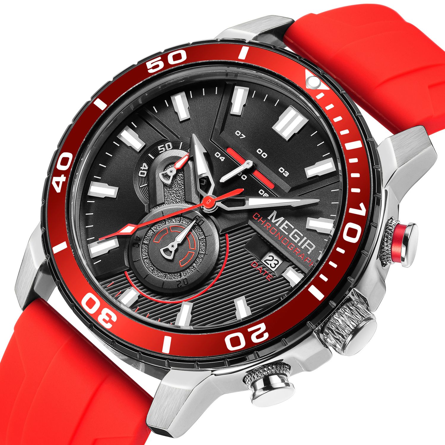 MEGIR 2224 men's chronograph watch, silver case with black dial, red bezel and red silicone strap, studio view