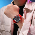 MEGIR 2224 men's chronograph watch on the wrist, silver case with black dial, red bezel and red silicone strap
