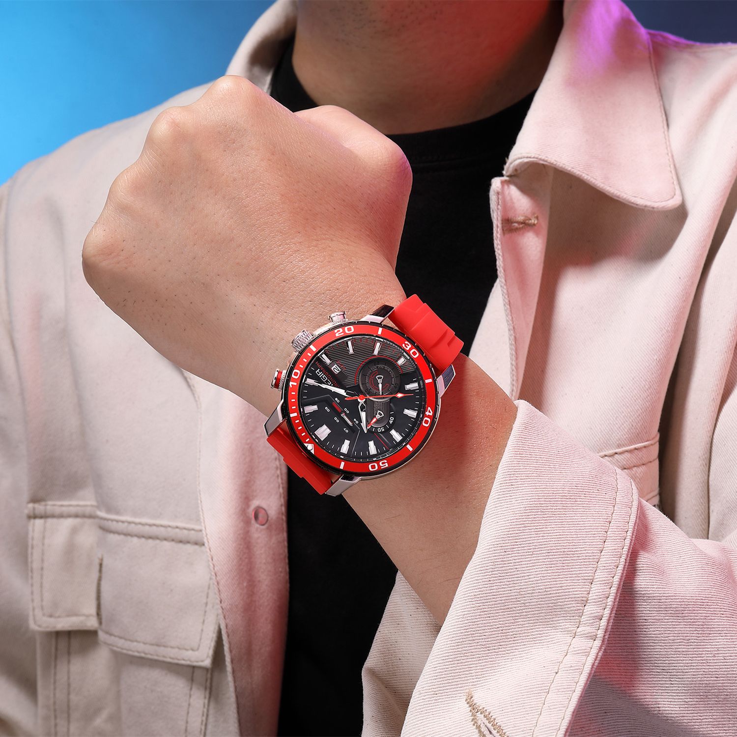 MEGIR 2224 men's chronograph watch on the wrist, silver case with black dial, red bezel and red silicone strap