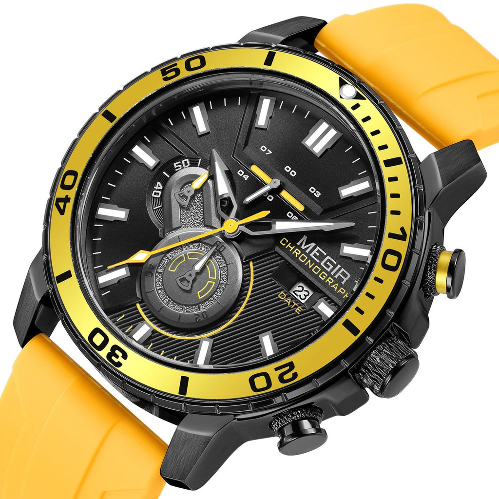 MEGIR 2224 men's chronograph watch, black case with black dial, yellow bezel and yellow silicone strap, studio view