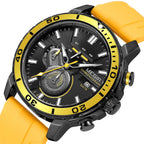 MEGIR 2224 men's chronograph watch, black case with black dial, yellow bezel and yellow silicone strap, studio view
