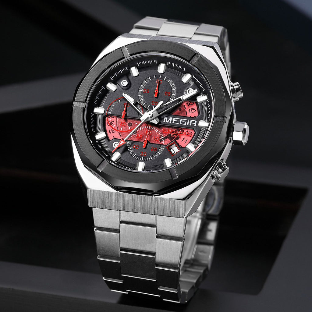 MEGIR 2225 men's chronograph watch, silver octagonal case with black dial, red accents and steel bracelet, angled view