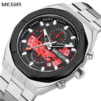 MEGIR 2225 men's chronograph watch, silver octagonal case with black dial, red accents and steel bracelet, front view