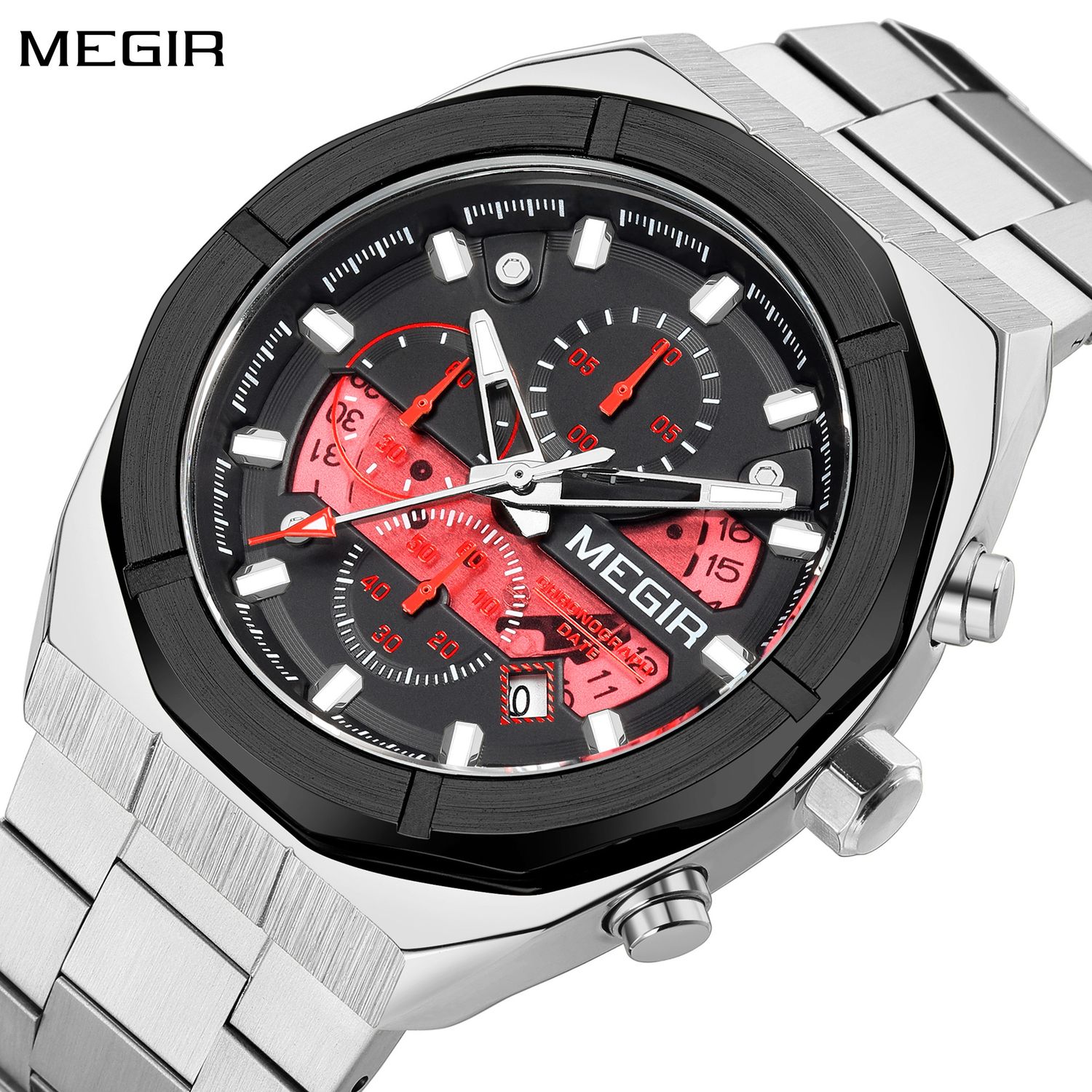 MEGIR 2225 men's chronograph watch, silver octagonal case with black dial, red accents and steel bracelet, front view