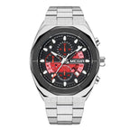 MEGIR 2225 men's chronograph watch, silver octagonal case with black dial, red accents and steel bracelet, studio view
