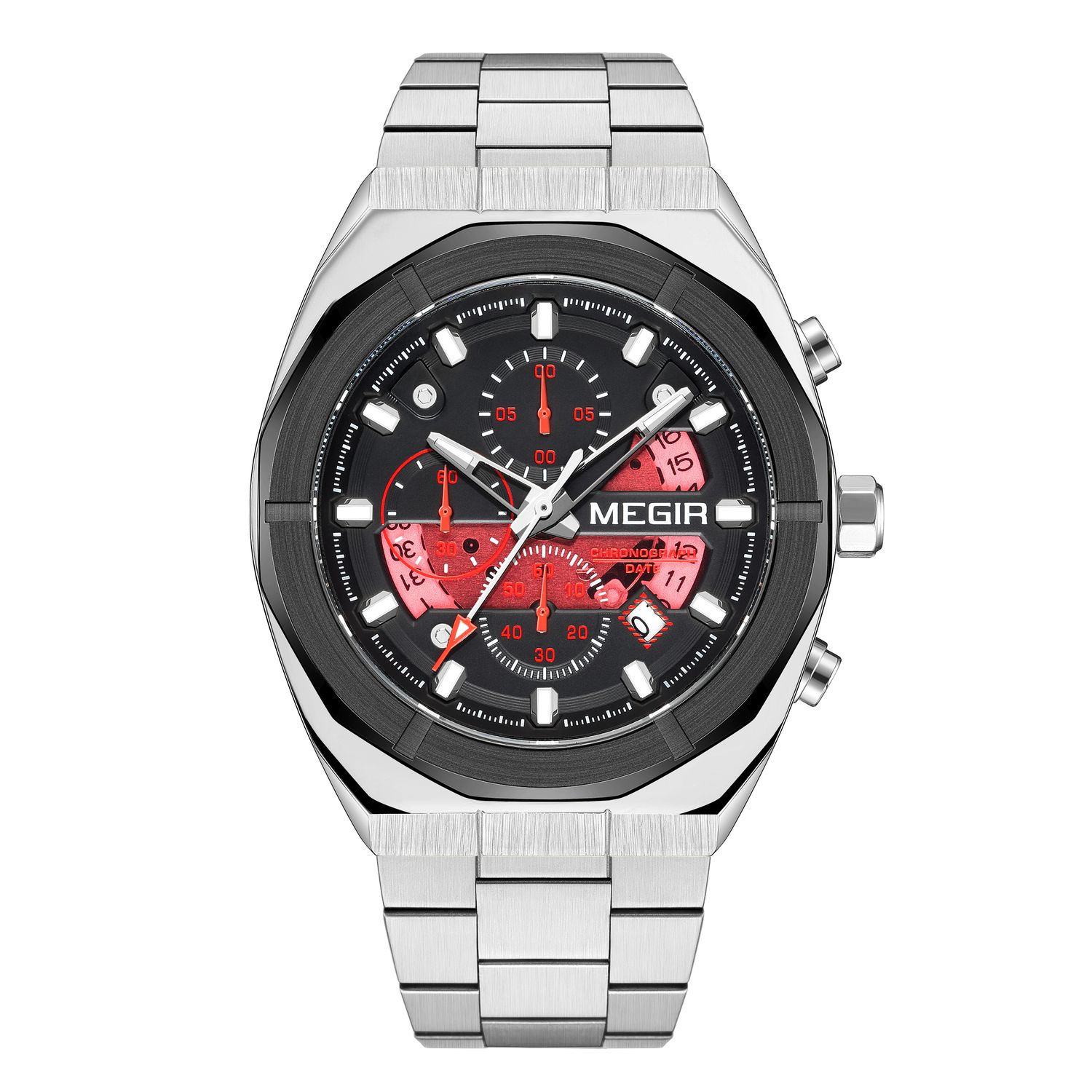 MEGIR 2225 men's chronograph watch, silver octagonal case with black dial, red accents and steel bracelet, studio view
