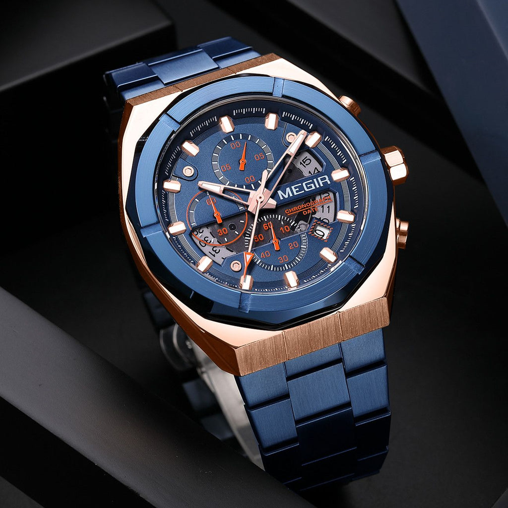 MEGIR 2225 men's chronograph watch, blue octagonal case with rose-gold bezel, blue dial and blue bracelet, angled view