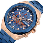 MEGIR 2225 men's chronograph watch, blue octagonal case with rose-gold bezel, blue dial and blue bracelet, three-quarter view