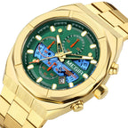 MEGIR 2225 men's chronograph watch, blue octagonal case with rose-gold bezel, blue dial and blue bracelet, studio view