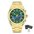 MEGIR 2225 men's chronograph watch, gold-tone octagonal case with green dial and gold bracelet, with gift box
