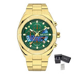 MEGIR 2225 men's chronograph watch, gold-tone octagonal case with green dial and gold bracelet, with gift box