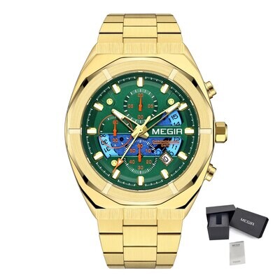 MEGIR 2225 men's chronograph watch, gold-tone octagonal case with green dial and gold bracelet, with gift box