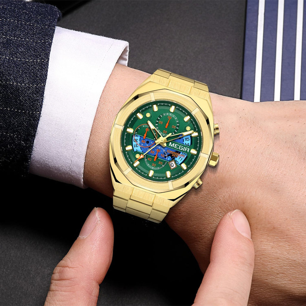MEGIR 2225 men's chronograph watch on the wrist, gold-tone octagonal case with green dial and gold bracelet
