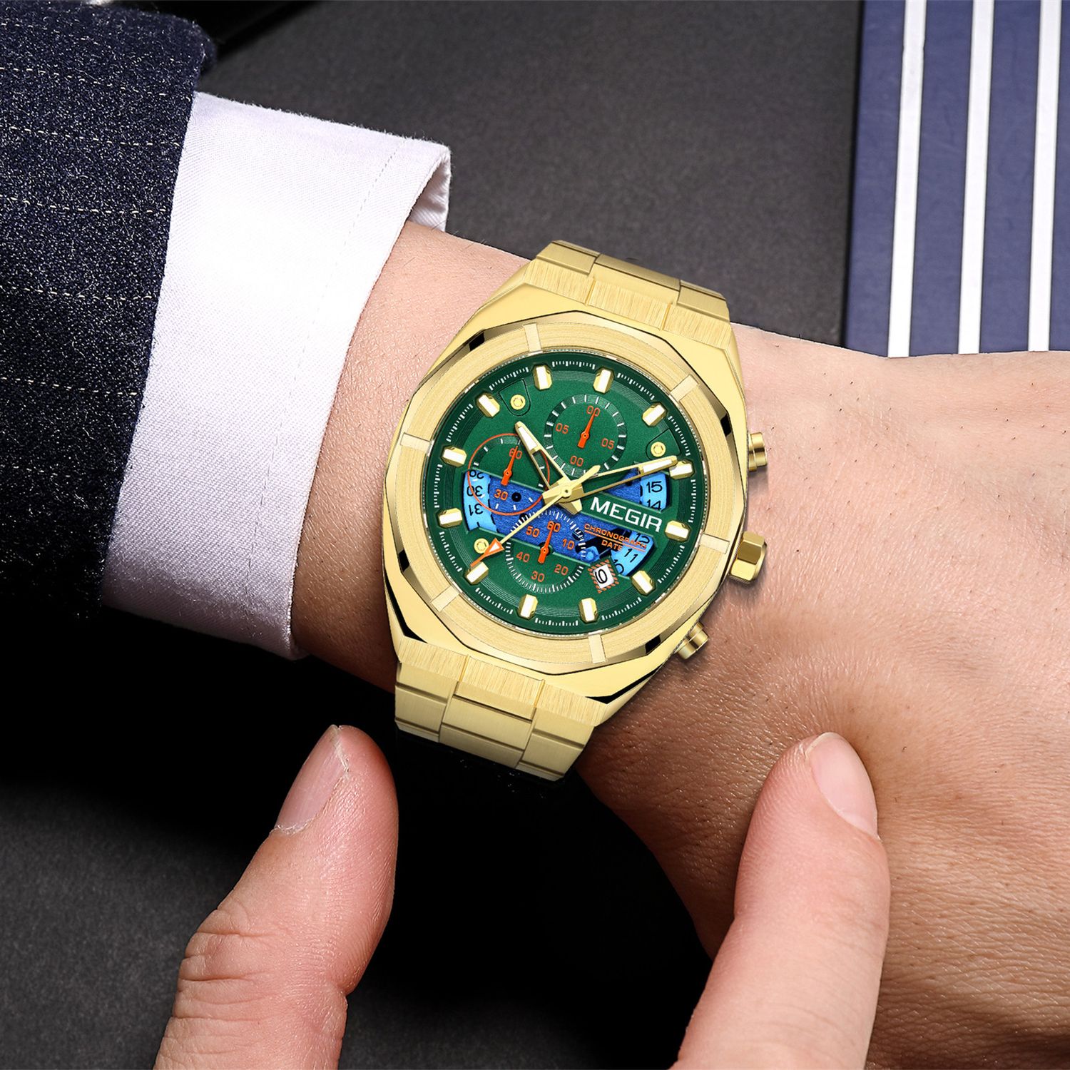 MEGIR 2225 men's chronograph watch on the wrist, gold-tone octagonal case with green dial and gold bracelet