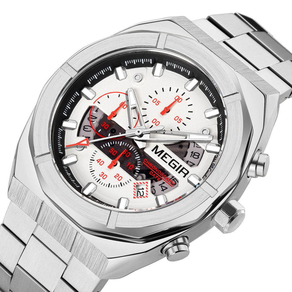 MEGIR 2225 men's chronograph watch, black octagonal case with black dial, blue accents and steel bracelet, studio view