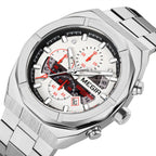 MEGIR 2225 men's chronograph watch, black octagonal case with black dial, blue accents and steel bracelet, studio view