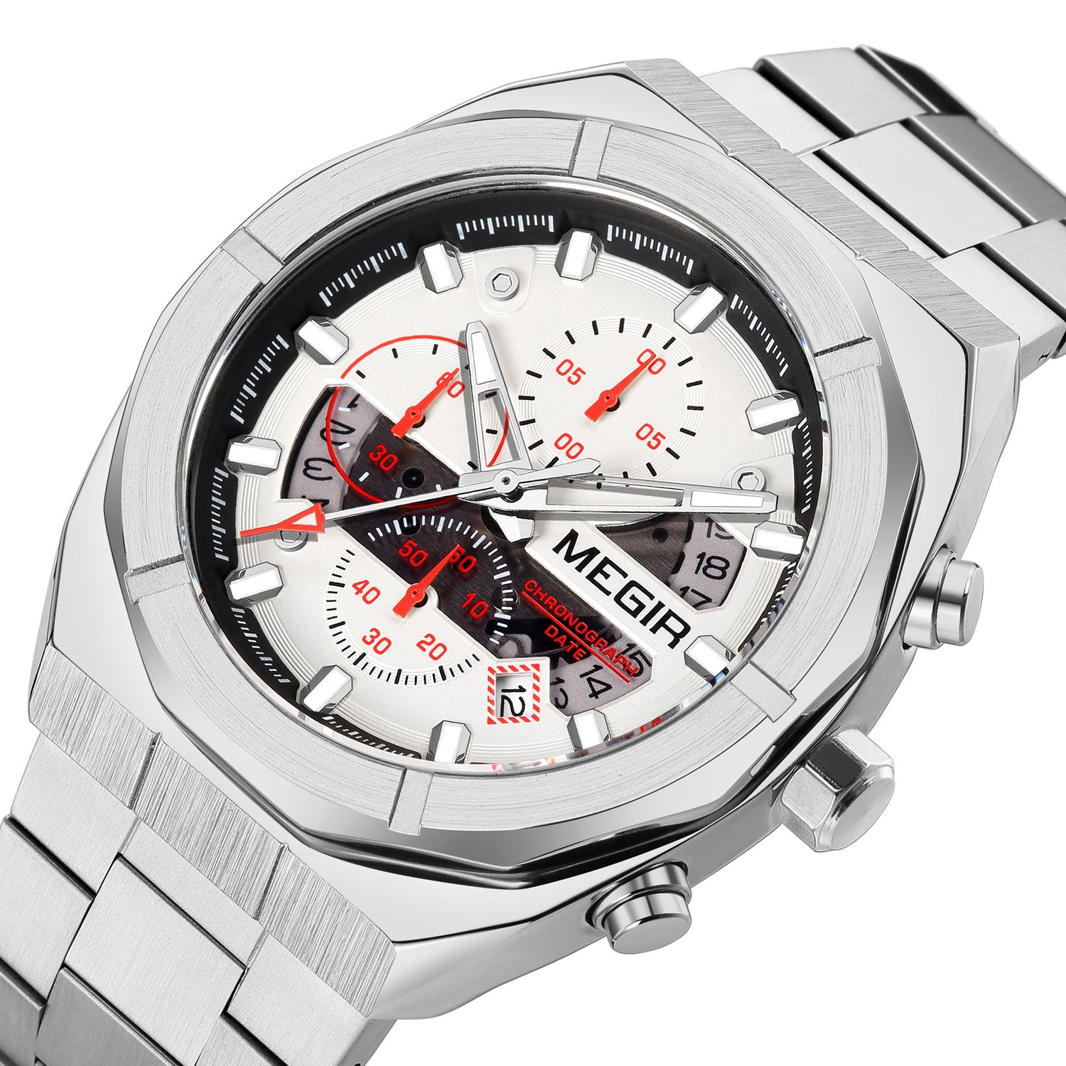 MEGIR 2225 men's chronograph watch, black octagonal case with black dial, blue accents and steel bracelet, studio view