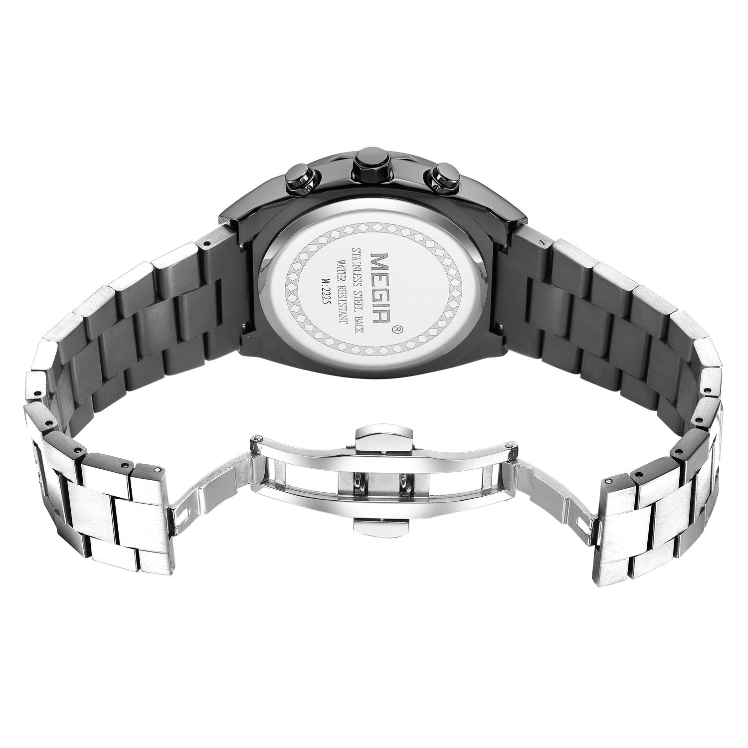 MEGIR 2225 men's chronograph watch caseback with engravings, steel bracelet and folding clasp