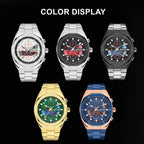 MEGIR 2225 men's chronograph watch color display showing white, black, gold-green, blue and black-blue dials