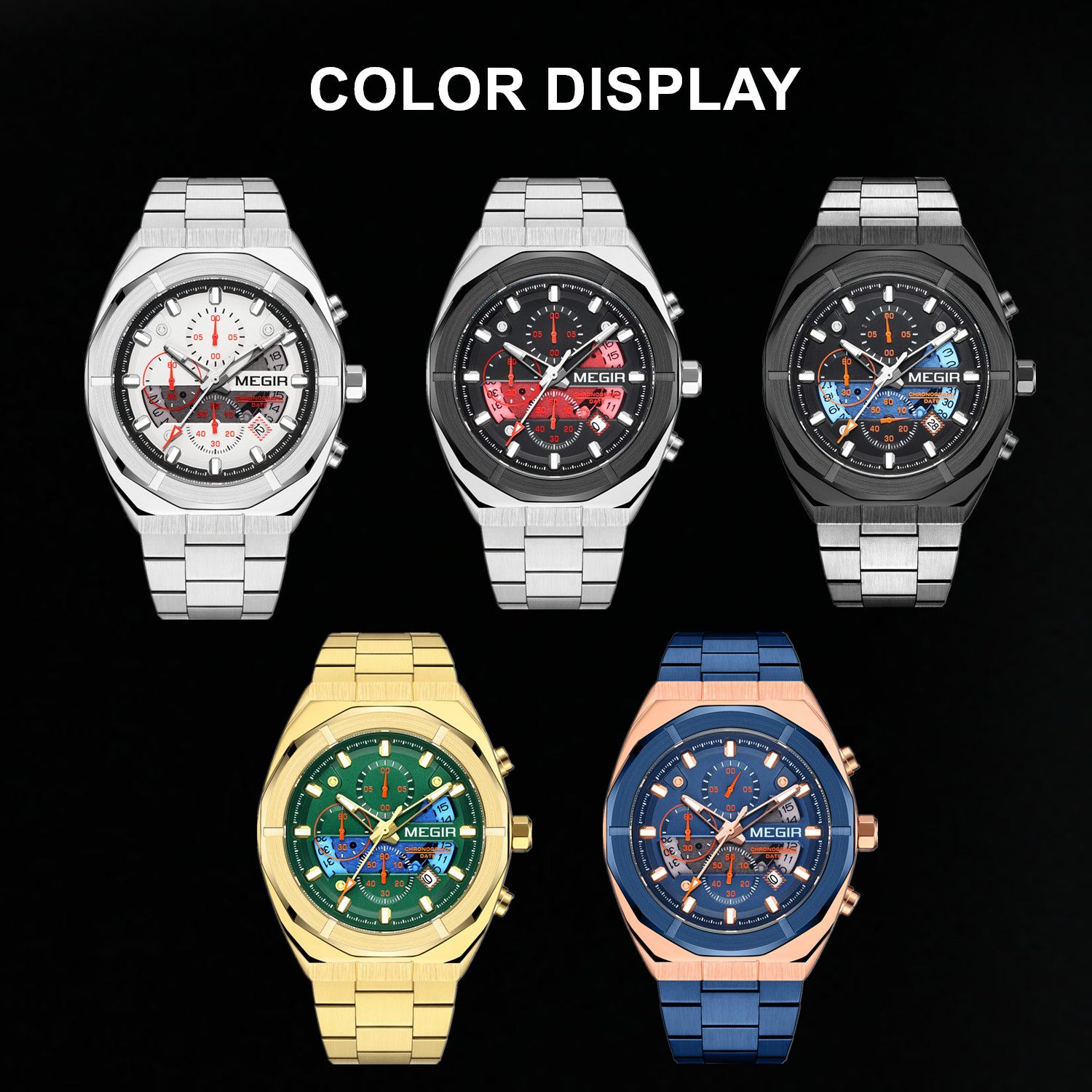 MEGIR 2225 men's chronograph watch color display showing white, black, gold-green, blue and black-blue dials
