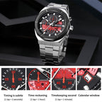 MEGIR 2225 men's chronograph watch feature graphic explaining the sub-dials, calendar window and timing