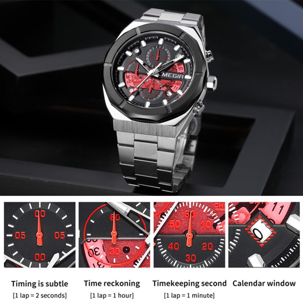 MEGIR 2225 men's chronograph watch feature graphic explaining the sub-dials, calendar window and timing