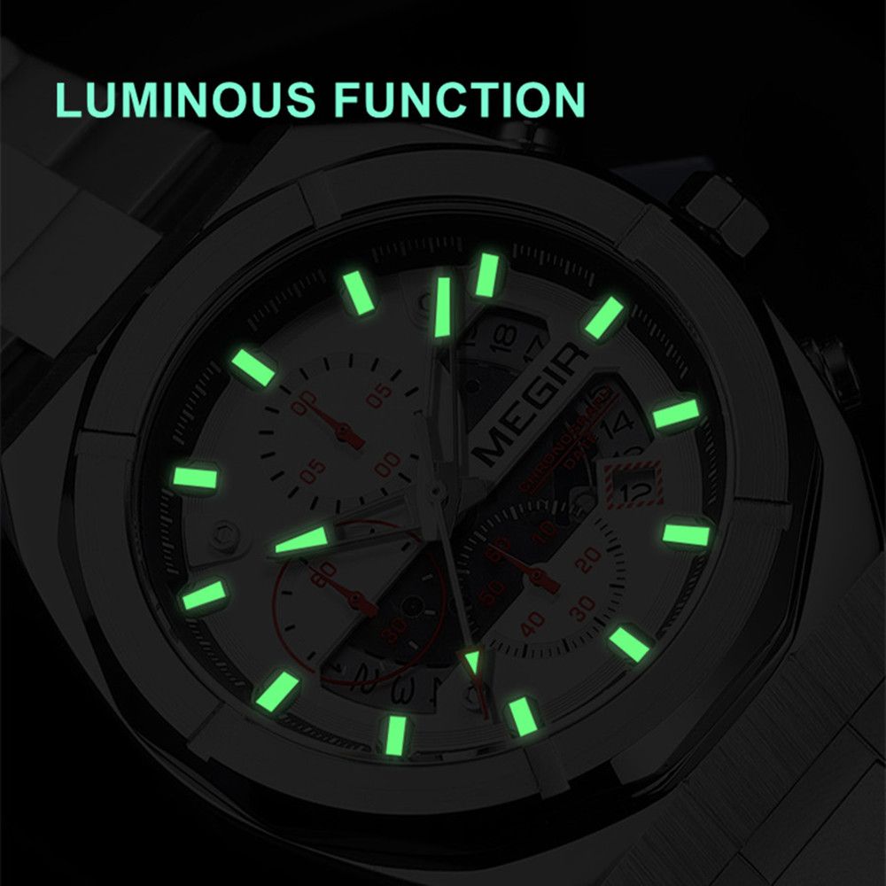 MEGIR 2225 men's chronograph watch feature graphic showing luminous hands and markers glowing in the dark
