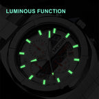 MEGIR 2225 men's chronograph watch feature graphic showing luminous hands and markers glowing in the dark