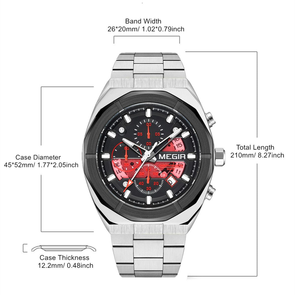 MEGIR 2225 men's chronograph watch parameters graphic with case diameter, thickness and band dimensions