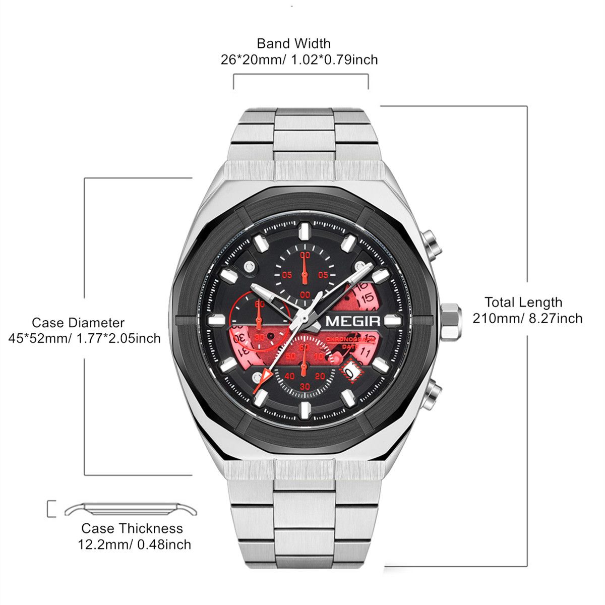 MEGIR 2225 men's chronograph watch parameters graphic with case diameter, thickness and band dimensions