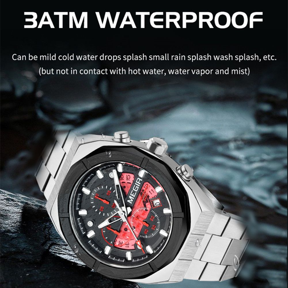 MEGIR 2225 men's chronograph watch water-resistance graphic, silver octagonal case with black dial and steel bracelet