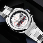 MEGIR 2225 men's chronograph watch, silver octagonal case with white dial, red accents and steel bracelet, angled view