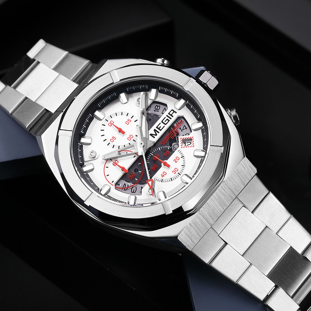 MEGIR 2225 men's chronograph watch, silver octagonal case with white dial, red accents and steel bracelet, angled view