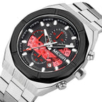 MEGIR 2225 men's chronograph watch, silver octagonal case with white dial, red accents and steel bracelet, studio view